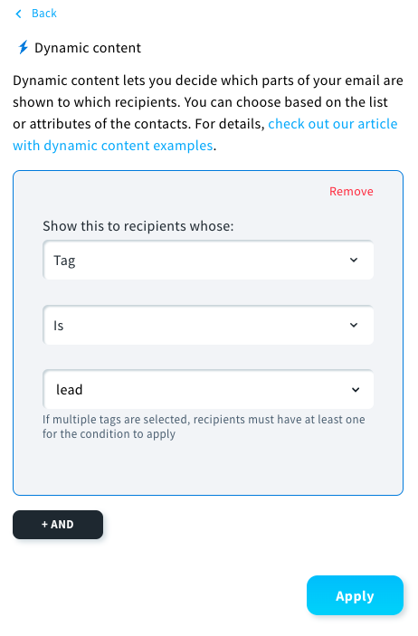 Personalizing the email element to the recipients with the tag 'lead'
